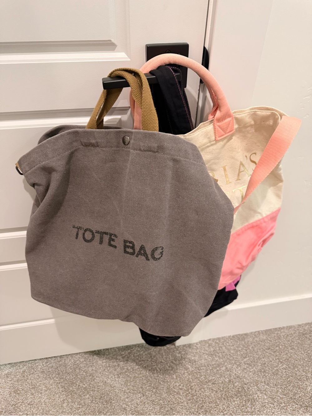 Gray Canvas Tote Bag with Stenciled 'TOTE BAG' One VS Pink/Cream Tote & One PINK